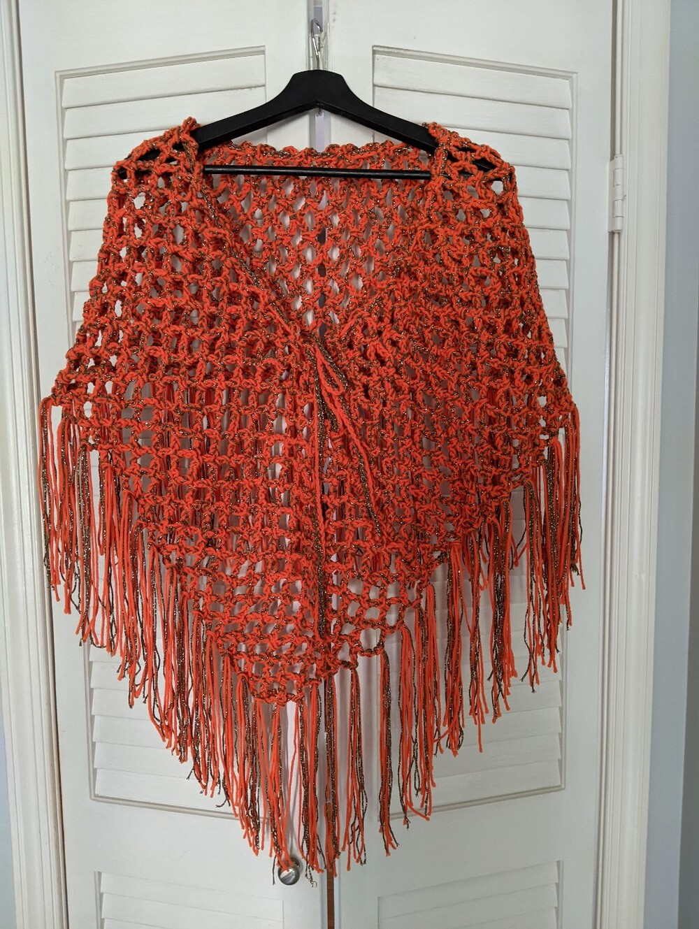 Handmade Orange with Metallic Crochet Fringe Shawl W/Drawstring